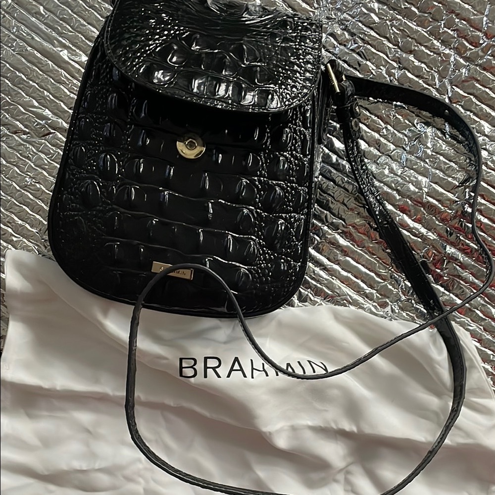 Brahmin Glossy Black Embossed Crossbody Bag
